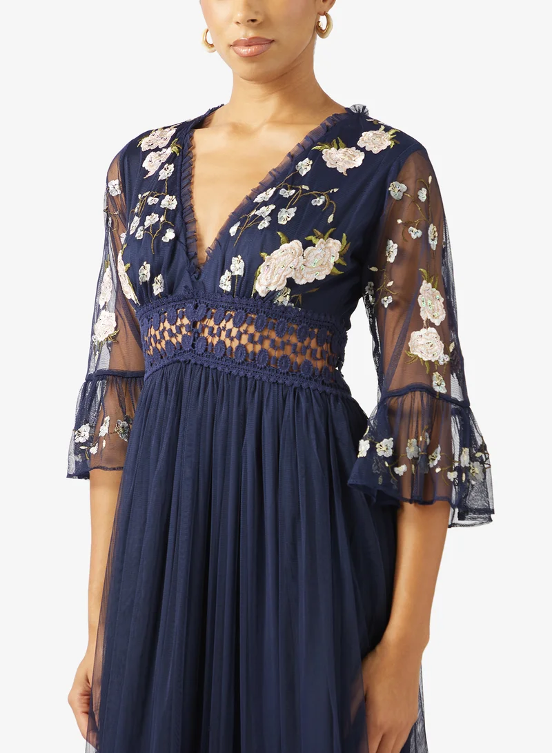 Frock And Frill  Embellished Mesh Flared Sleeve Maxi Dress for Women | Best Price UAE