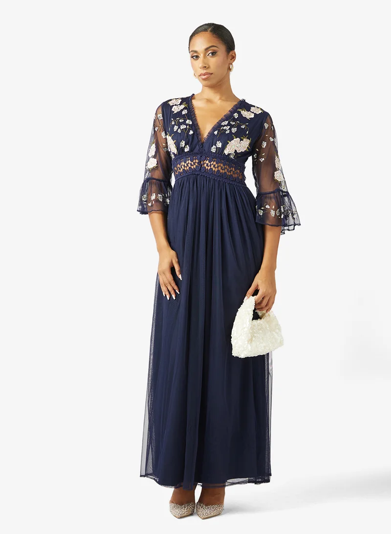 Frock And Frill  Embellished Mesh Flared Sleeve Maxi Dress for Women | Best Price UAE