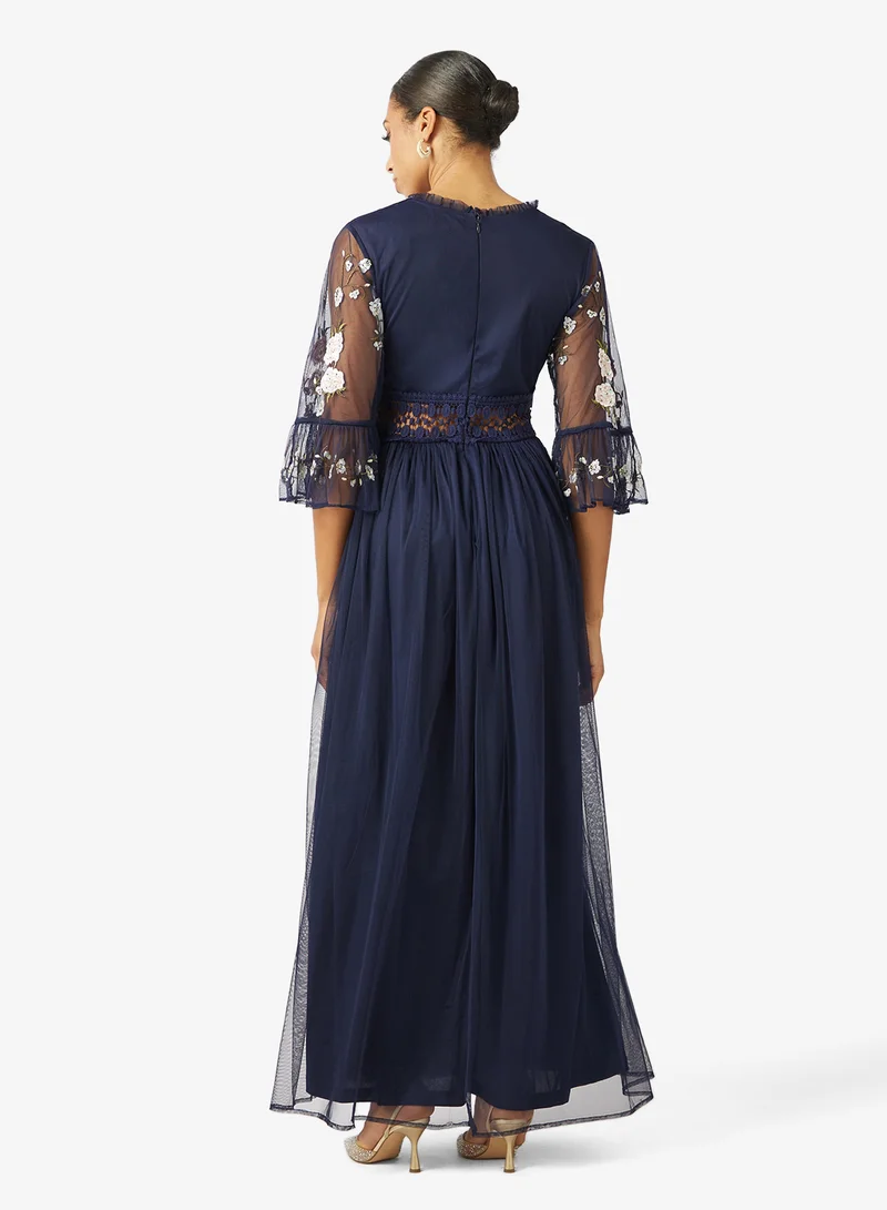 Frock and Frill Embellished Mesh Flared Sleeve Maxi Dress