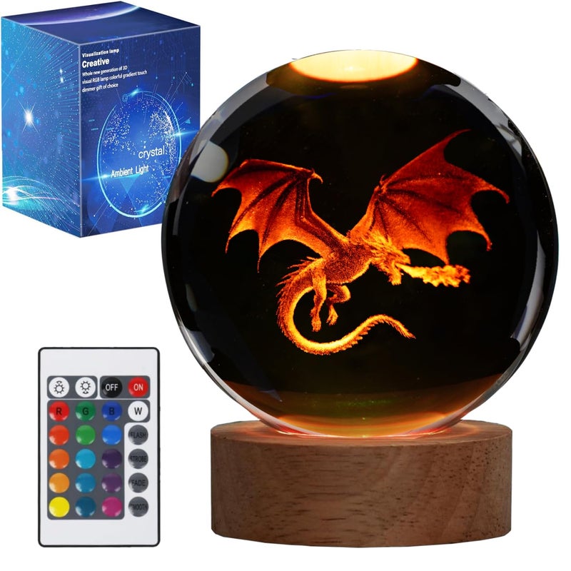 POSSHE Dragon Night Light 315 Inch 80mm K9 Crystal 3D Lamp with Remote 16 Color for Birthday Xmas Cool Figurines Dragon Gifts for Room Decor Boys Girls - Image 2