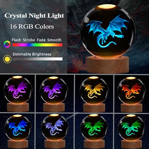 POSSHE Dragon Night Light 315 Inch 80mm K9 Crystal 3D Lamp with Remote 16 Color for Birthday Xmas Cool Figurines Dragon Gifts for Room Decor Boys Girls - Image 3