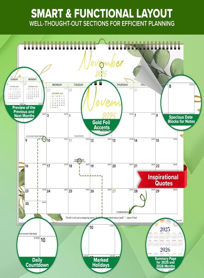 Decorably 18 Months Gold-Foiled Greenery Academic 18 Month 2025 Calendar Wall July 2025 to Dec 2026, 14.5x11.5in Spring-Bound Green Wall Calendar with Inspirational Quotes for Office and Home Planning - Image 2