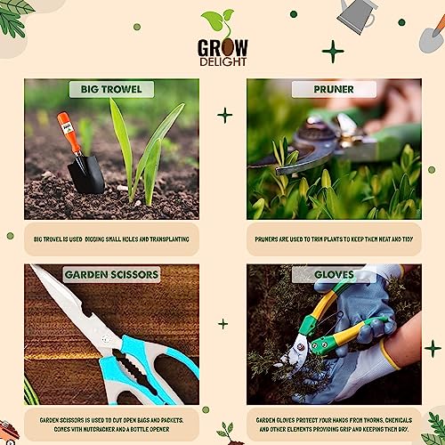 GROW DELIGHT Gardening Tools Kit-9 Pcs (Fork, Cultivator, Trowels, Garden Gloves, Weeder, Pruner Cutter, Garden Scissors, Free Flower Seeds Packet)|Durable Gardening Tools|Home Gardening Tool Set - Image 4