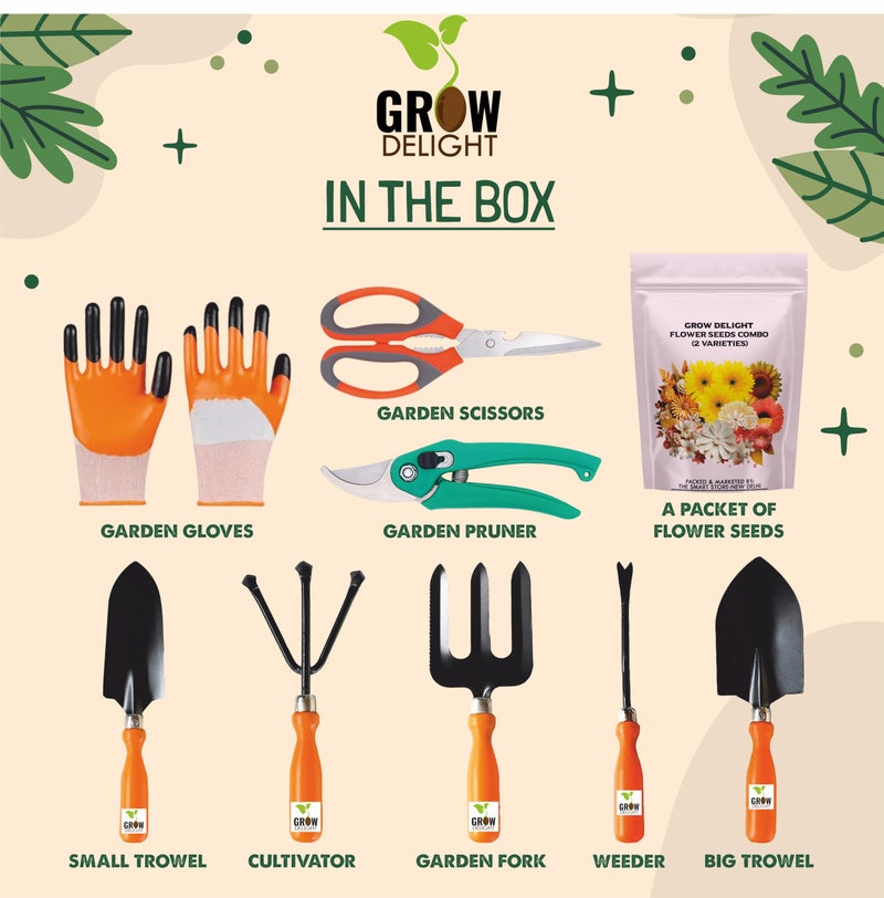 GROW DELIGHT Gardening Tools Kit-9 Pcs (Fork, Cultivator, Trowels, Garden Gloves, Weeder, Pruner Cutter, Garden Scissors, Free Flower Seeds Packet)|Durable Gardening Tools|Home Gardening Tool Set - Image 2