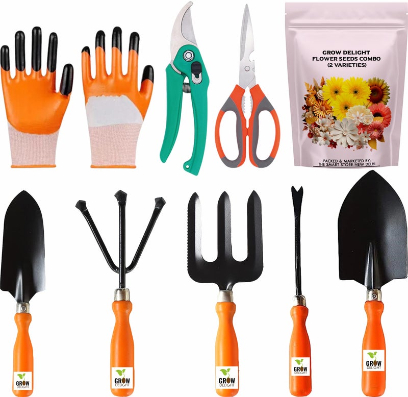 GROW DELIGHT Gardening Tools Kit-9 Pcs (Fork, Cultivator, Trowels, Garden Gloves, Weeder, Pruner Cutter, Garden Scissors, Free Flower Seeds Packet)|Durable Gardening Tools|Home Gardening Tool Set - Image 1