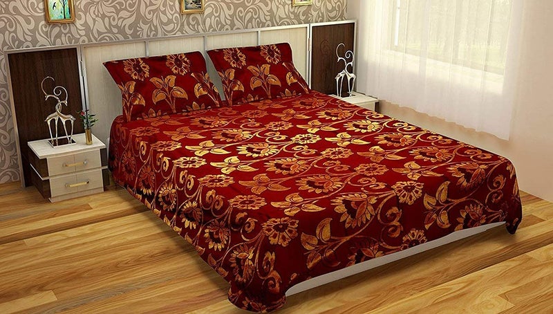 Peponi Cotton Silk Blend 1 Double Bedsheet with 2 Pillow Covers - Floral Maroon, Gold - Image 5