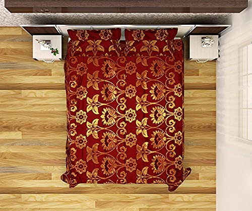 Peponi Cotton Silk Blend 1 Double Bedsheet with 2 Pillow Covers - Floral Maroon, Gold - Image 2