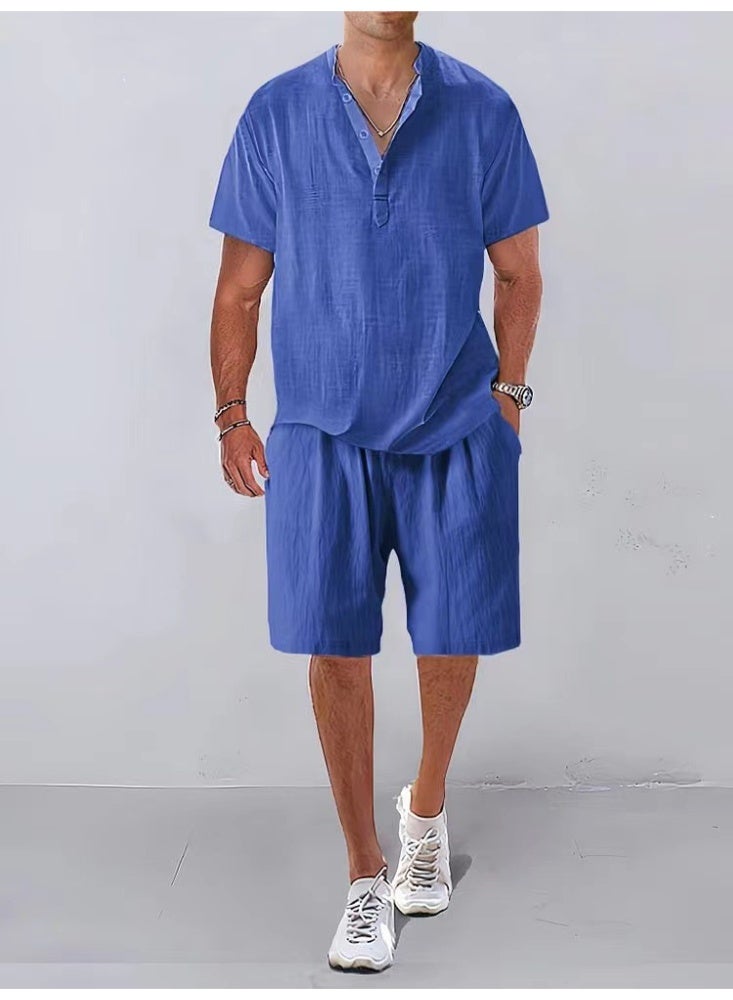 Fashion Men Sets Mens Solid Color Summer Stand Collar Linen Outfits Short Sleeve Polo Shirt+Shorts Two Pieces Men Casual Suit - Image 1