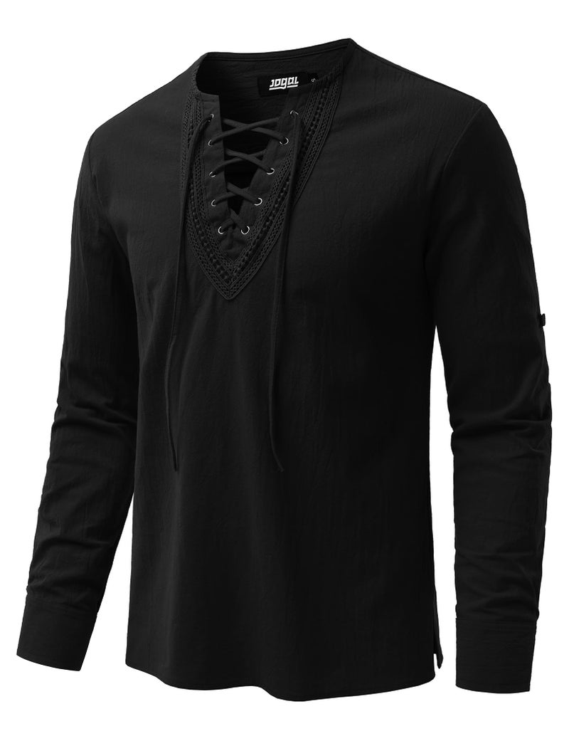 JOGAL Mens Renaissance Shirt Medieval Pirate Viking Halloween Costume Gothic Steampunk Retro Long Sleeve Lace Up Shirts Black X-Large - Image 2