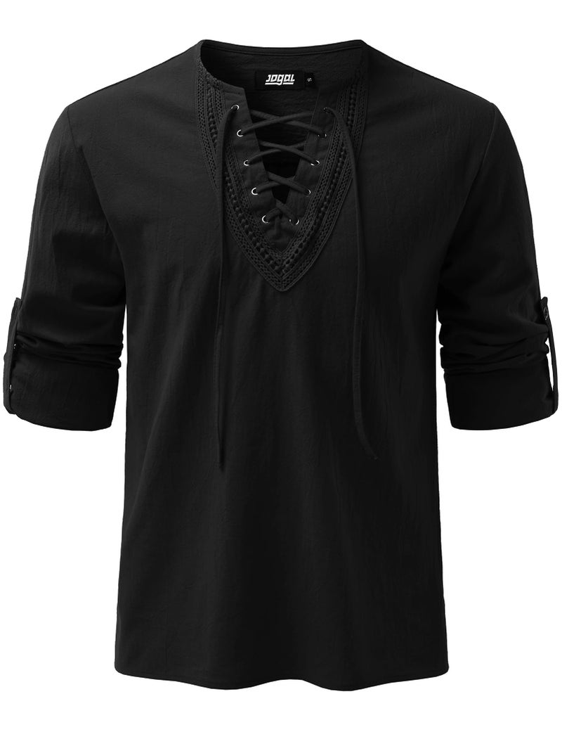 JOGAL Mens Renaissance Shirt Medieval Pirate Viking Halloween Costume Gothic Steampunk Retro Long Sleeve Lace Up Shirts Black X-Large - Image 1