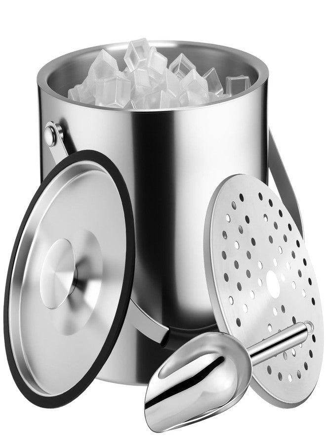 meekoo 3 L Double Wall Insulated Stainless Steel Ice Bucket with Lid, Scoop, Strainer, Handle Large Wine Ice Bucket Upgraded Cover Keep Frozen Longer for Cocktail Bar Parties(Silver) - Image 1