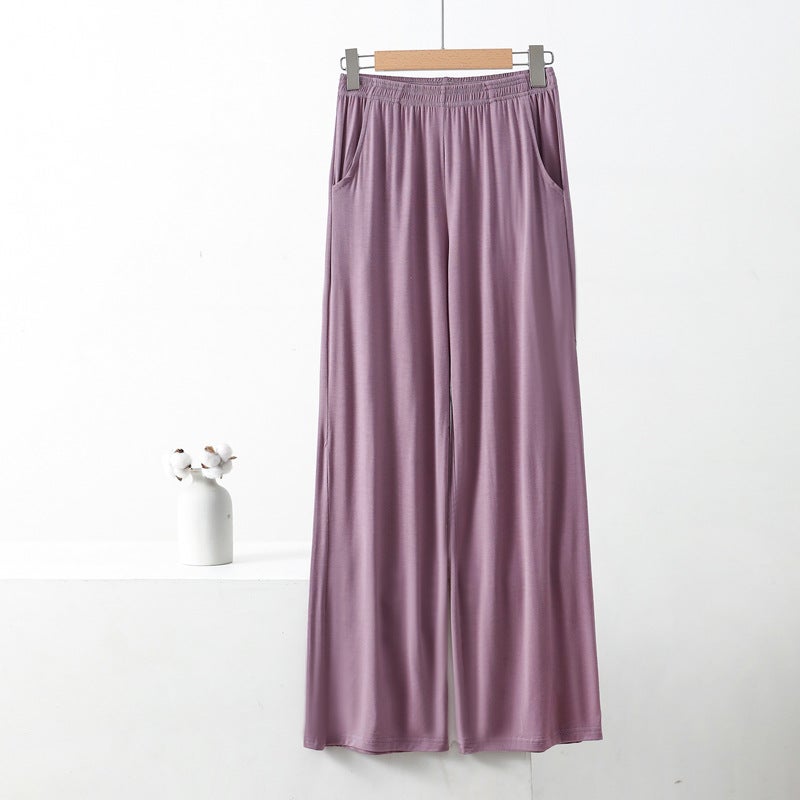 Womens Loose-Fit Modal Summer Sleepwear Pants Plus Size Pocket Comfortable Home Trousers Bell Bottoms Outer Wear Lotus root purple 