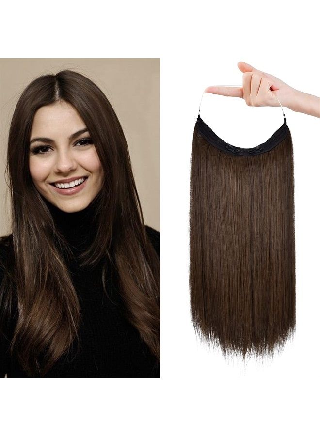 REECHO Invisible Wire Hair Extensions with Transparent Headband Adjustable Size Removable Secure Clips in Straight Secret Hairpiece for Women (16 Inch (Pack of 1), Dark Brown with Copper Highlights) - Image 1