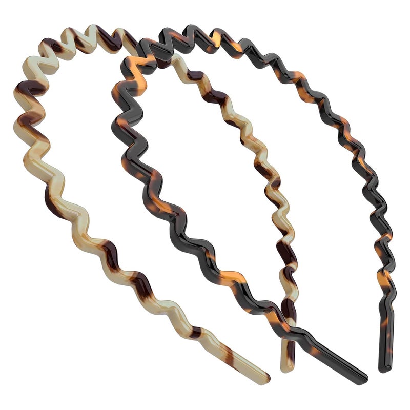 Wavy Headbands Plastic Skinny Thin NonSlip Flexible Hair Bands Simple Hoops Hair Accessories for Women 2 Pack Tortoise Shell Ivory