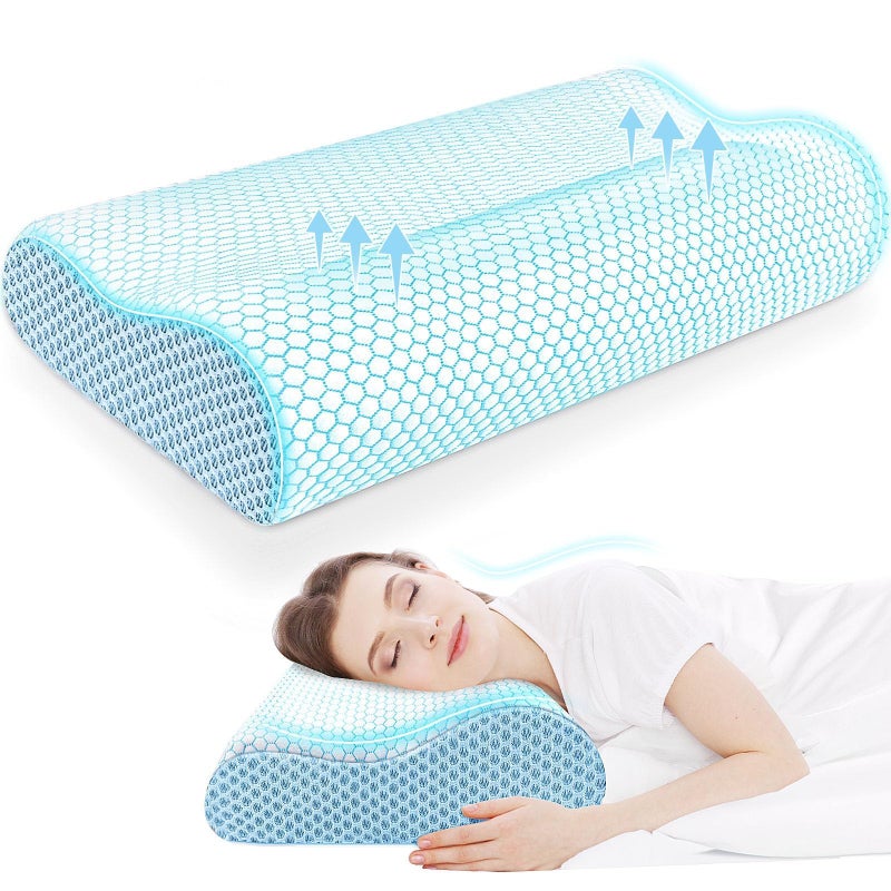CloudBliss Neck Pillow for Sleeping Ergonomic Cervical Neck Pillow for Neck Pain Relief Memory Foam Pillow fit Neck Contour Bed Pillow for Side Back Stomach Sleepers Blue Standard Size