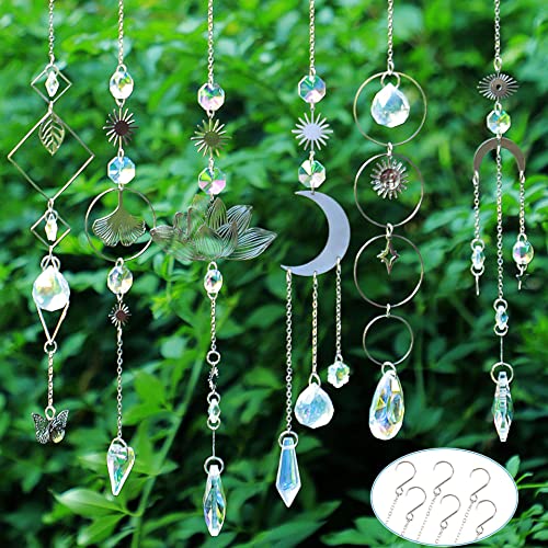 Worgree Sun Catchers 6 Pieces Colorful Suncatchers Decorative Hanging Clear Crystal Prism Rainbow with Silver Moon Sun Metal Forms Suncatcher Kit for Window Indoor Outdoor Car Mirror Decor Xmas Gift 