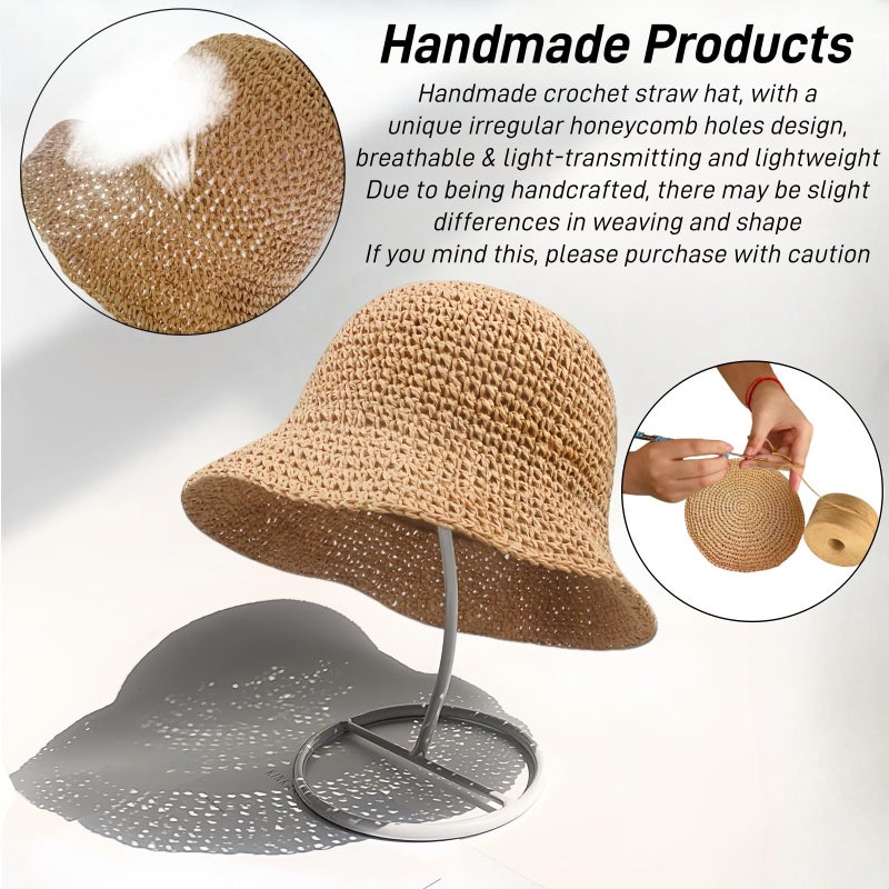Askljeby Womens Straw Bucket Hat Wide Brim Summer Beach Hat for Women Foldable Travel Sun Hat Fedora Crochet Straw Hat UPF50+, Khaki - Image 4