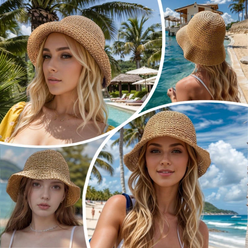 Askljeby Womens Straw Bucket Hat Wide Brim Summer Beach Hat for Women Foldable Travel Sun Hat Fedora Crochet Straw Hat UPF50+, Khaki - Image 3