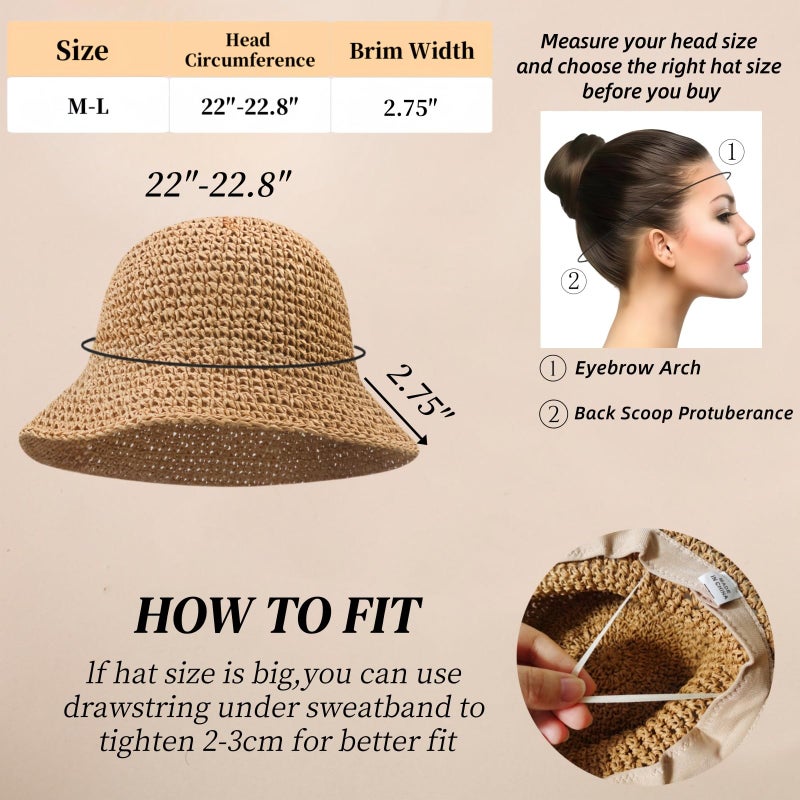 Askljeby Womens Straw Bucket Hat Wide Brim Summer Beach Hat for Women Foldable Travel Sun Hat Fedora Crochet Straw Hat UPF50+, Khaki - Image 2