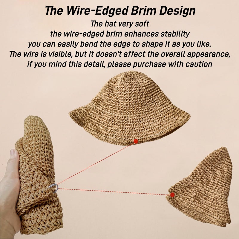 Askljeby Womens Straw Bucket Hat Wide Brim Summer Beach Hat for Women Foldable Travel Sun Hat Fedora Crochet Straw Hat UPF50+, Khaki - Image 5