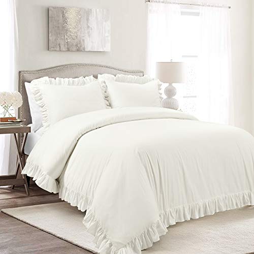Lush Decor Reyna Ruffle Cotton Duvet Cover Set 3 Piece Set California King White King Size Bedding Set White Duvet King Ruffled Bedding Coquette Decor - Image 1