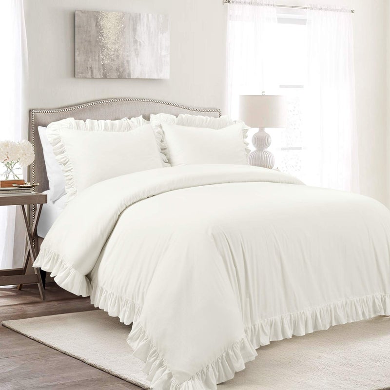 Lush Decor Reyna Ruffle Cotton Duvet Cover Set 3 Piece Set California King White King Size Bedding Set White Duvet King Ruffled Bedding Coquette Decor - Image 2