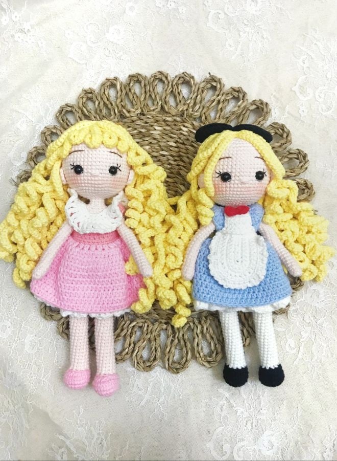 Fatio Handmade Crochet Girl Doll in Blue Dress – 21cm Soft Plush Toy - Image 3