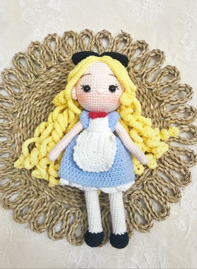 Fatio Handmade Crochet Girl Doll in Blue Dress – 21cm Soft Plush Toy - Image 1