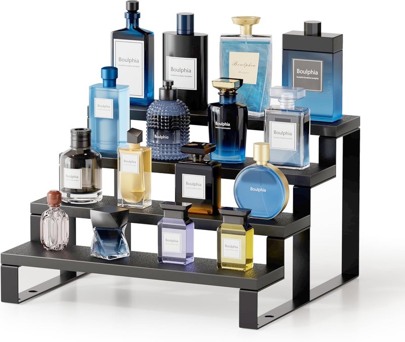 Boulphia Cologne Organizer for Men, 12 Inch Wood Cologne Stand 4 Tier Perfume Organizer for Dresser, Versatile Step Display Stand Shelf for Fragrance, Skincare, Figurine, Dessert, 1 Set Black - Image 1