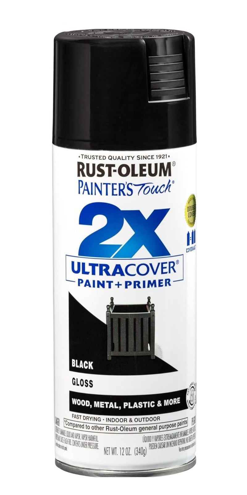 Rust-Oleum Painter’s Touch 2X Ultra Cover Black Gloss Paint + Primer Spray, 12 oz / 340 g, Fast-Drying Indoor & Outdoor Paint for Wood, Metal, Plastic and More - Image 1
