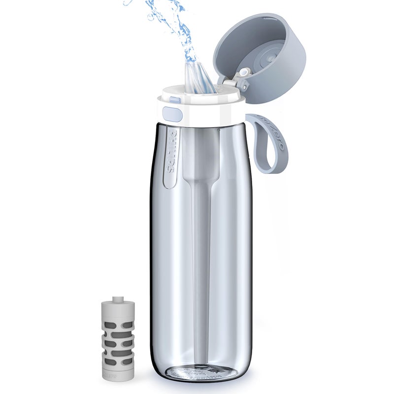 PHILIPS Filtered Water Bottle, BPA-Free Tritan Plastic Water Bottles, Replaces 450 Plastic Water Bottle with Reusable GoZero Everyday Water Filter, Portable Filtering Bottle for Travel, 22 oz, Blue - Image 1