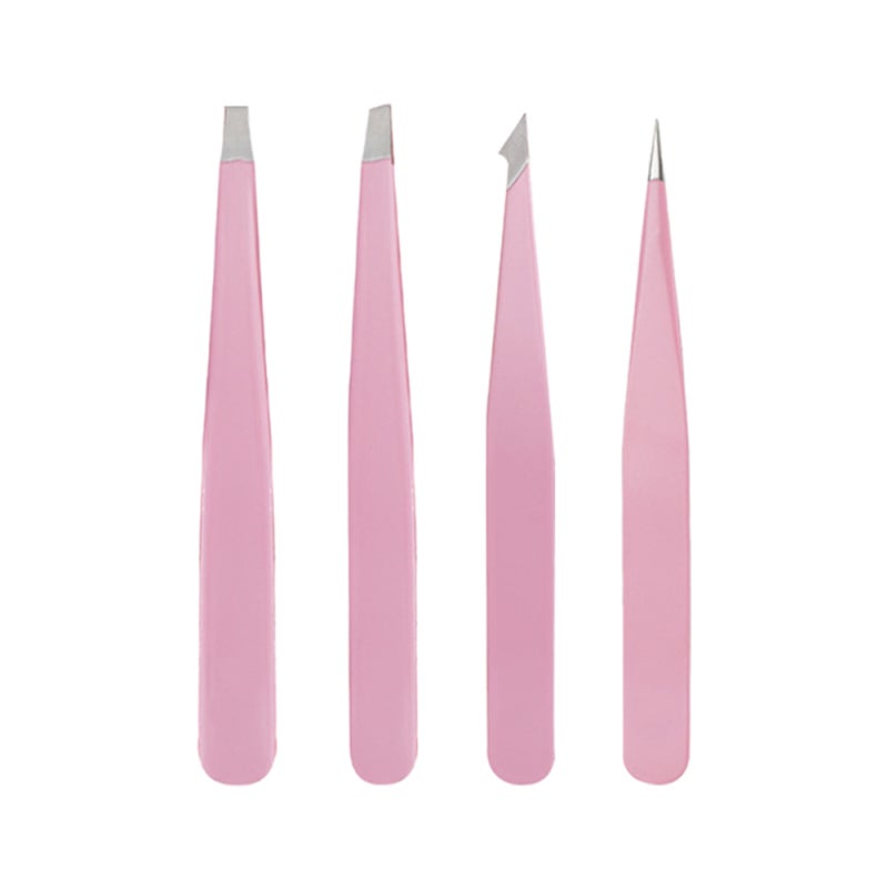 Eyebrow Tweezers Set: 4PCS Pink Stainless Steel Tweezers - Waterproof Storage Case, Sturdy & Durable Makeup Tools for Eyebrow Shaping, Hair Removal, Travel & Grooming - Image 1