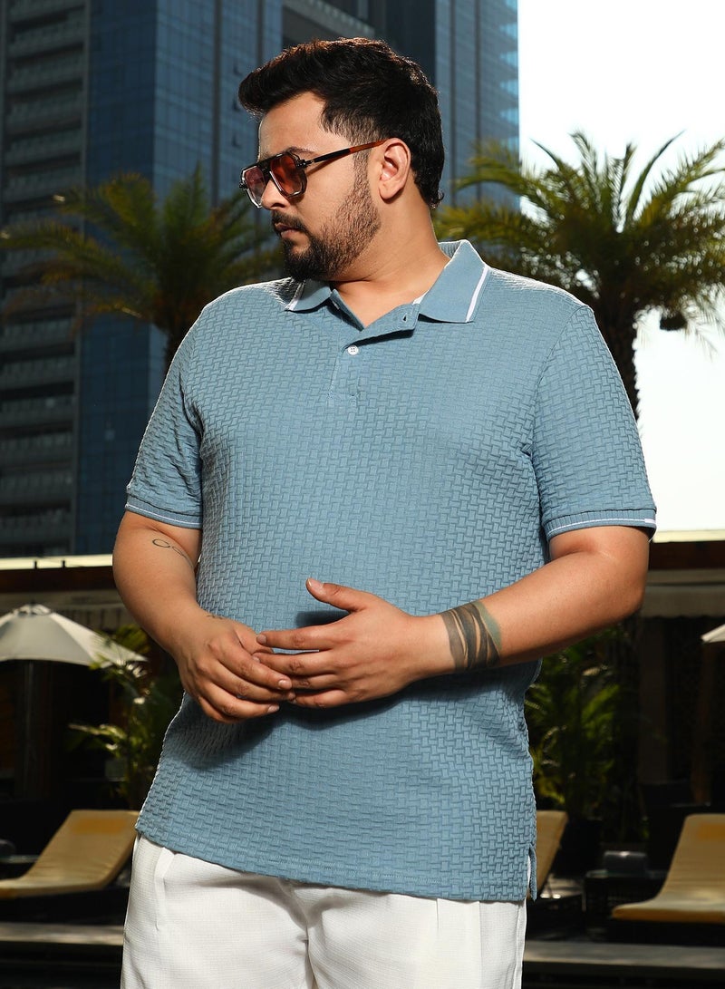 Instafab Plus Men's Powder Blue Interweave-Textured Polo T-Shirt - Image 1