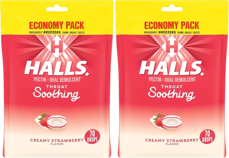 Halls هالز لوزنات تهدئة الحلق سابقًا بريزرز بنكهة الفراولة الكريمية عبوة اقتصادية 70 لوزنة عبوة من 2 - Image 1