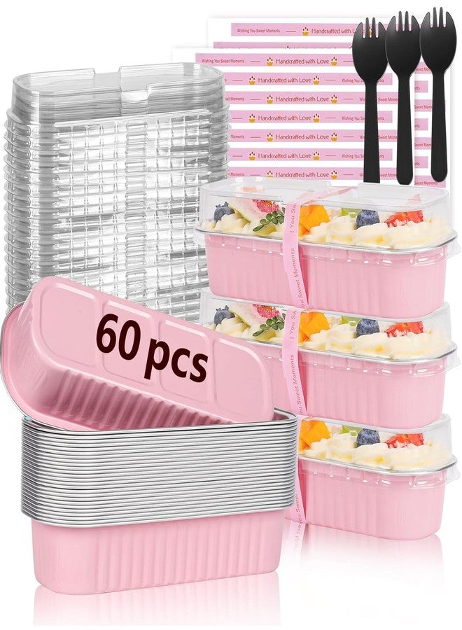 YQER 60 Pack Mini Cake Pans with Lids and Spoons, 6.8oz Mini Loaf Pans with Sealing Stickers, Disposable Aluminum Foil Baking Cups Cake Tins, Pink Small Cakes Containers for Baking, Party, Gifts - Image 1