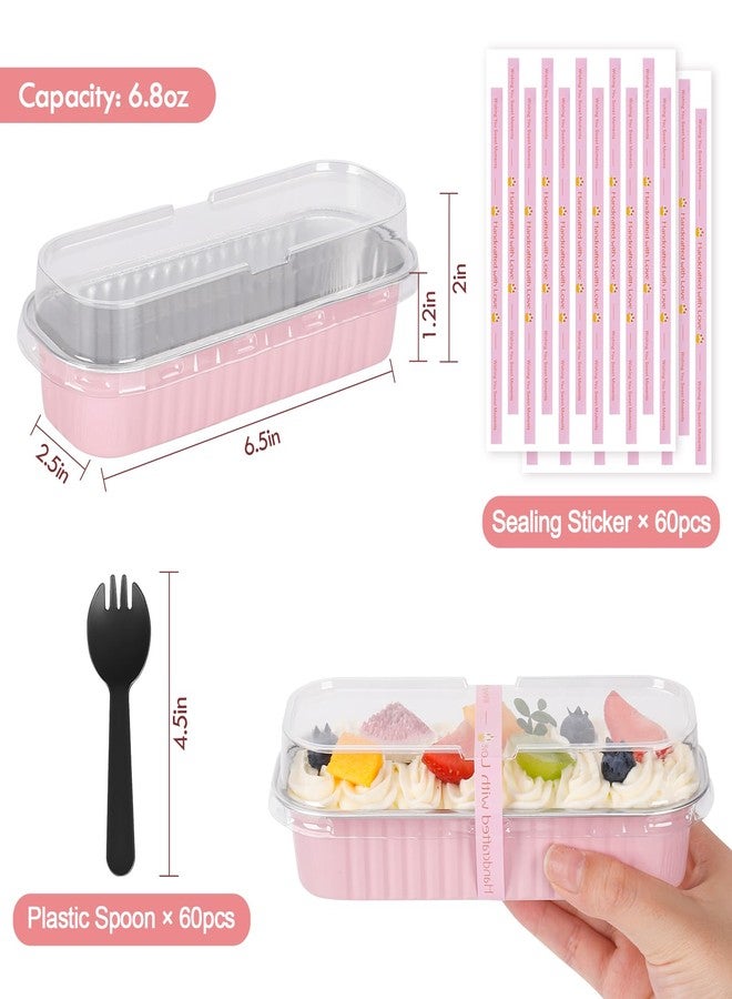 YQER 60 Pack Mini Cake Pans with Lids and Spoons, 6.8oz Mini Loaf Pans with Sealing Stickers, Disposable Aluminum Foil Baking Cups Cake Tins, Pink Small Cakes Containers for Baking, Party, Gifts - Image 3