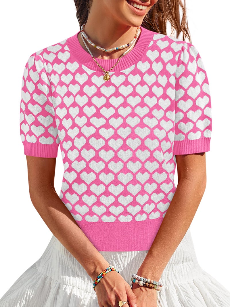 Yousify Women Puff Short Sleeve Sweater Casual Cropped Knit Shirts Cute Heart Holidays Graphic Print Pullover Jumper Tops 2025 Hotpink - Image 1