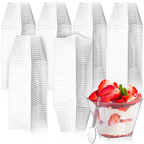 Lyellfe 100 Pack 4 Oz Dessert Cups with Spoon Clear Plastic Cups Mini Disposable Square Parfait Shooters Cups for Appetizer Ice Cream Pudding Tasting Party