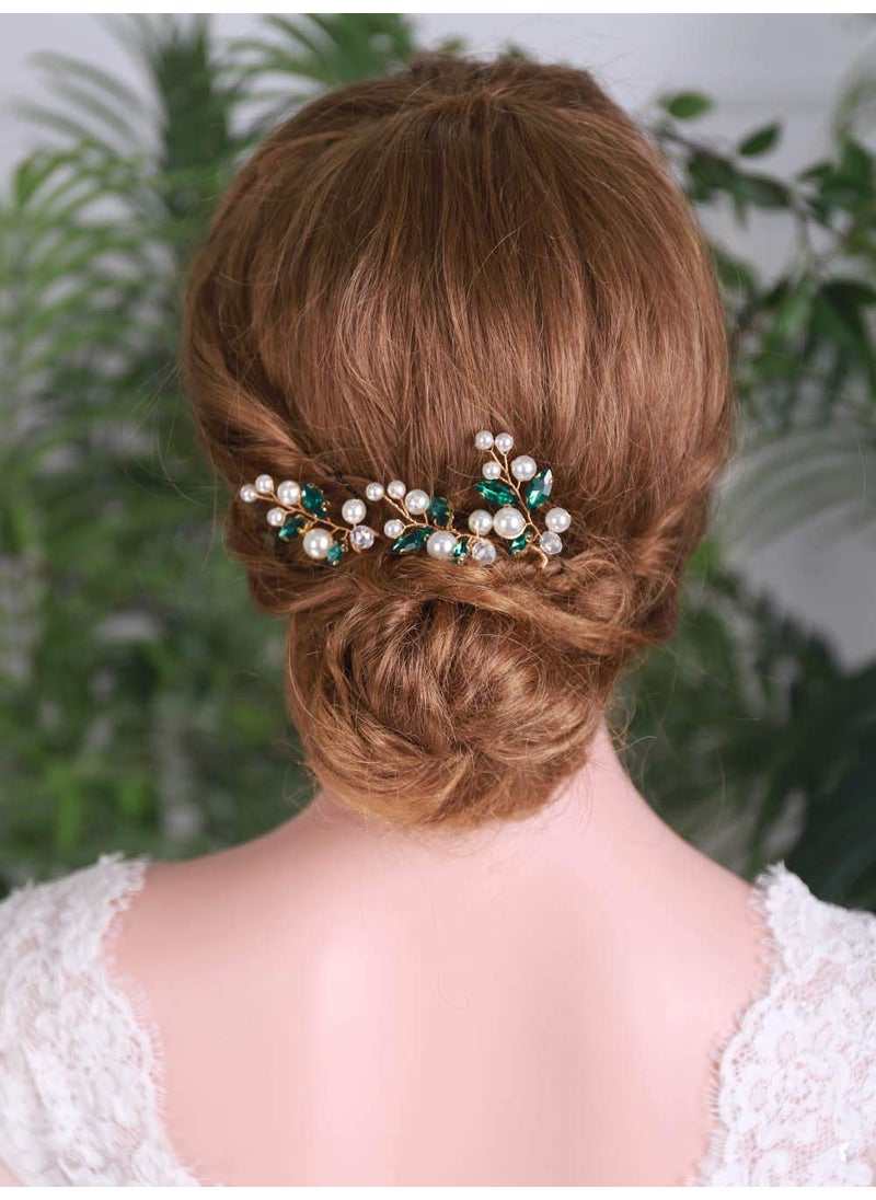 YERTTER YERTTER 3 Pcs Hair Pins Green Crystal Pearl Bridal Hair Accessories for Bride and Bridesmaids Wedding Hair Piece 