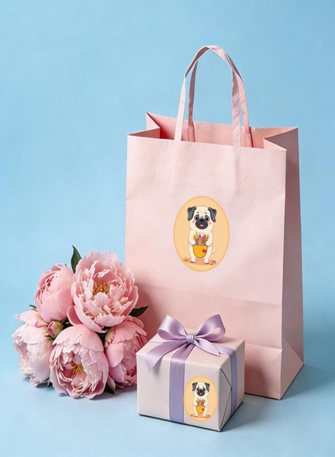 SLGIFT 48pcs Circular Stickers Cream Color Pug Holding Flower Basket Gift Packaging Stickers - Image 5