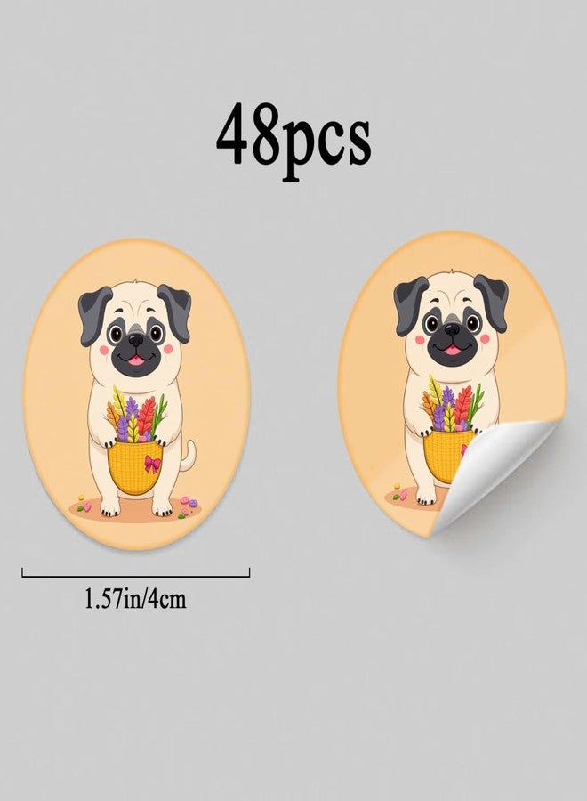 SLGIFT 48pcs Circular Stickers Cream Color Pug Holding Flower Basket Gift Packaging Stickers - Image 2