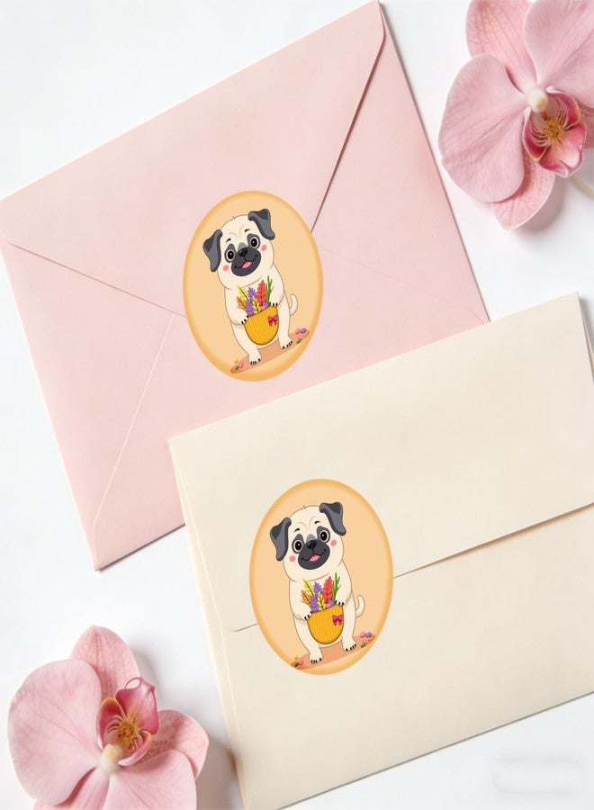 SLGIFT 48pcs Circular Stickers Cream Color Pug Holding Flower Basket Gift Packaging Stickers - Image 3