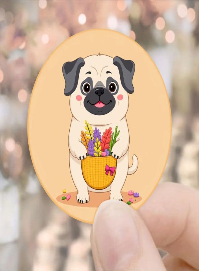 SLGIFT 48pcs Circular Stickers Cream Color Pug Holding Flower Basket Gift Packaging Stickers - Image 1