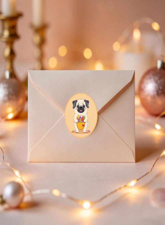 SLGIFT 48pcs Circular Stickers Cream Color Pug Holding Flower Basket Gift Packaging Stickers - Image 4