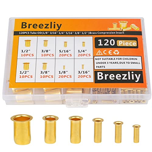 Breezliy 120pcs Tube OD(1/8"3/16" 1/4" 5/16'' 3/8" 1/2") Brass Compression Insert,Insert Tube Support Compression Sleeve Fitting - Image 1