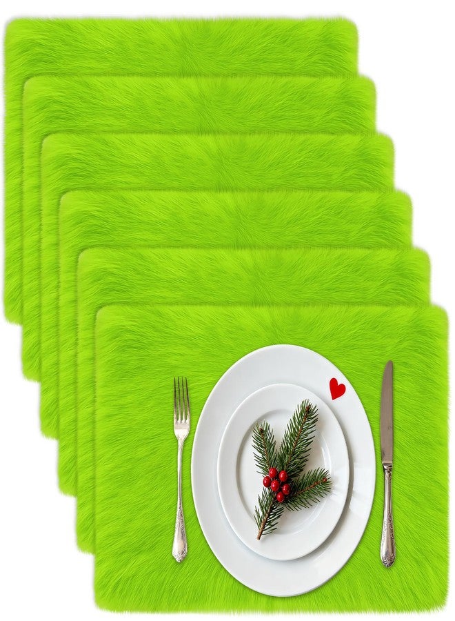 Vynium 6PCS Christmas Table Placement, 17.7 * 11.8 Inch Lime Green Faux Fur Table Place Dining Mats, Christmas Dining Table Decor for Winter Holiday Xmas Home Kitchen Dining Room Table - Image 1