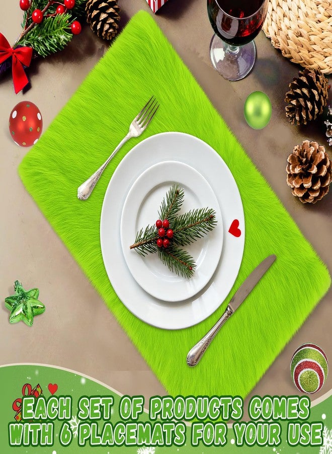Vynium 6PCS Christmas Table Placement, 17.7 * 11.8 Inch Lime Green Faux Fur Table Place Dining Mats, Christmas Dining Table Decor for Winter Holiday Xmas Home Kitchen Dining Room Table - Image 4
