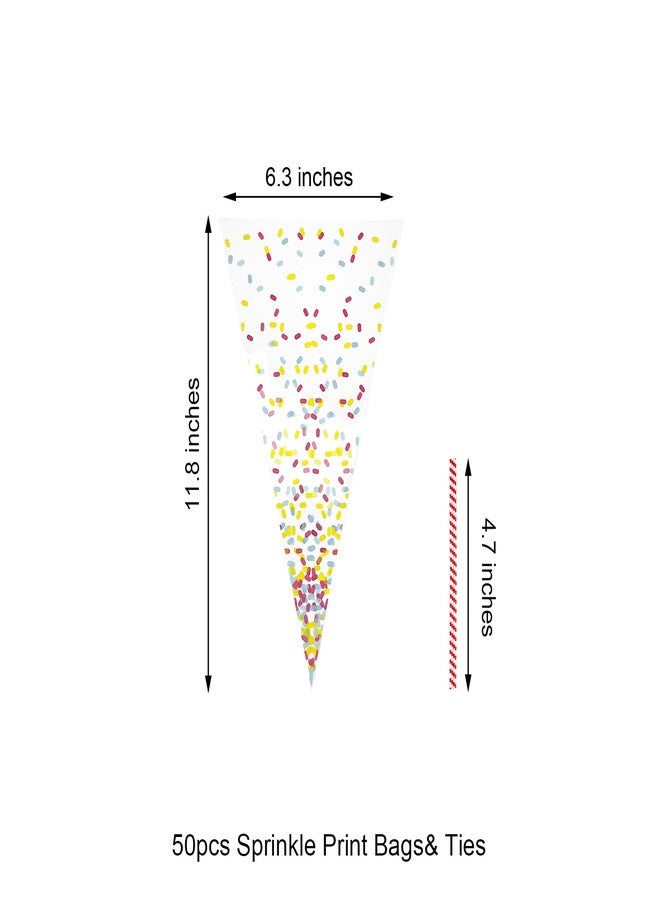 EKAPACKAGING Cone Shaped Treat Cellophane Bags Twist Tie Clear Triangle Christmas Party Favor Cotton Candy Bags With Ties For Popcorn, Chocolates, Ice Cream Cone (6.3*11.8 Inches, 50 Sprinkle Print) - Image 2