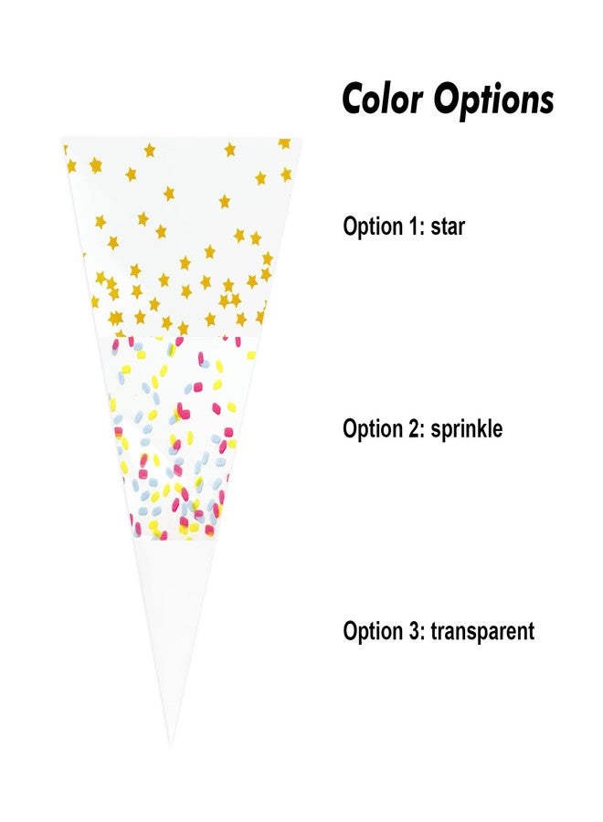 EKAPACKAGING Cone Shaped Treat Cellophane Bags Twist Tie Clear Triangle Christmas Party Favor Cotton Candy Bags With Ties For Popcorn, Chocolates, Ice Cream Cone (6.3*11.8 Inches, 50 Sprinkle Print) - Image 5