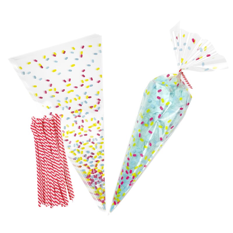 EKAPACKAGING Cone Shaped Treat Cellophane Bags Twist Tie Clear Triangle Christmas Party Favor Cotton Candy Bags With Ties For Popcorn, Chocolates, Ice Cream Cone (6.3*11.8 Inches, 50 Sprinkle Print) - Image 1